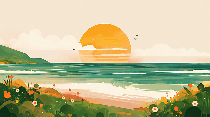 JPG 바다 일러스트 자연 아침 새해 풍경 해변 사람없음 태양 평화 일출 연하장 국내일러스트 AI일러스트 AI콘텐츠 주간 자연요소 컨셉 카드_감사 노을 생태계 파일형식