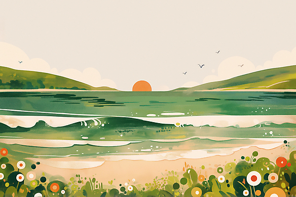 JPG 바다 일러스트 자연 아침 새해 풍경 사람없음 태양 평화 일출 연하장 국내일러스트 AI일러스트 AI콘텐츠 주간 자연요소 컨셉 카드_감사 노을 생태계 파일형식