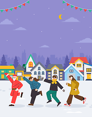 전신 여자 남자 허리손 겨울 일러스트 밤하늘 주택 풍경 여러명 청년 성인 달리기 산타클로스 손들기 마을 눈 야간 겨울옷 가랜드 성인만 국내일러스트 AI파일 자연요소 옷 계절 포즈 다수 크리스마스 모션 하늘 날씨 사람 건물 파티용품 파일형식 벡터