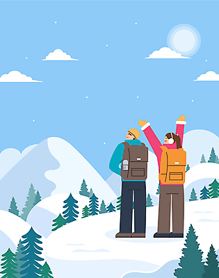 전신 나무 여자 남자 겨울 일러스트 산 풍경 성인 두명 등산 만세 눈 정상 등산객 산정상 성인만 눈덮임 국내일러스트 AI파일 자연요소 식물 계절 컨셉 모션 날씨 사람 트래킹 파일형식 벡터
