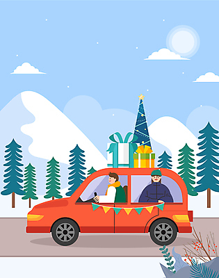 나무 여자 남자 겨울 일러스트 자동차 산 선물 풍경 성인 두명 장식 선물상자 크리스마스트리 드라이브 승차 숲 가랜드 성인만 국내일러스트 AI파일 식물 계절 육상교통 크리스마스 모션 사람 상자 운전 파티용품 파일형식 벡터