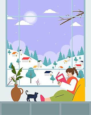 전신 나무 여자 화분 쿠션 겨울 일러스트 창문 휴식 주택 한명 들기 앉기 풍경 성인 독서 마을 고양이 기댐 성인여자한명만 반려묘 국내일러스트 AI파일 식물 1 계절 컨셉 포유류 모션 사람 건물 반려동물 여자한명만 성인여자만 파일형식 벡터
