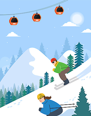 전신 나무 여자 남자 겨울 일러스트 스키 스키장 풍경 성인 두명 눈 잡기 폴 케이블카 폴대 성인만 설산 국내일러스트 AI파일 자연요소 식물 계절 모션 날씨 겨울스포츠 산 사람 막대기 스키용품 파일형식 벡터