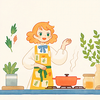 JPG 여자 행복 어린이 채소 일러스트 요리 한명 소녀 손들기 주방 앞치마 냄비 소녀한명만 국내일러스트 AI일러스트 AI콘텐츠 1 감정 모션 사람 솥 여자한명만 소녀만 파일형식