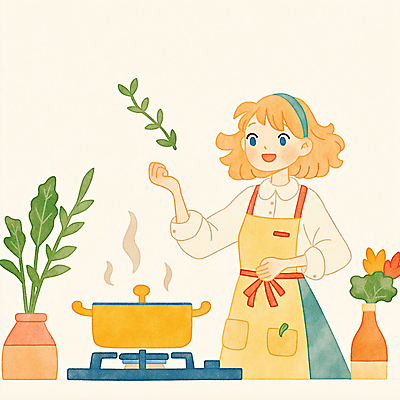 JPG 여자 행복 어린이 채소 일러스트 요리 한명 소녀 손들기 주방 앞치마 냄비 소녀한명만 국내일러스트 AI일러스트 AI콘텐츠 1 감정 모션 사람 솥 여자한명만 소녀만 파일형식