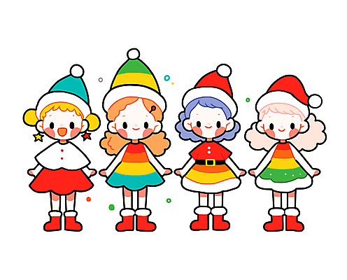전신 여자 어린이 크리스마스 일러스트 산타모자 산타옷 서기 미소 웃음 소녀 여러명 컬러풀 산타클로스 귀여움 귀걸이 기쁨 벨트 머리핀 망토 소녀만 일러캐릭터 AI파일 캐릭터 모자_잡화 잡화 옷 기념일 감정 컬러 다수 컨셉 장신구 모션 표정 사람 여자만 어린이만 파일형식 벡터