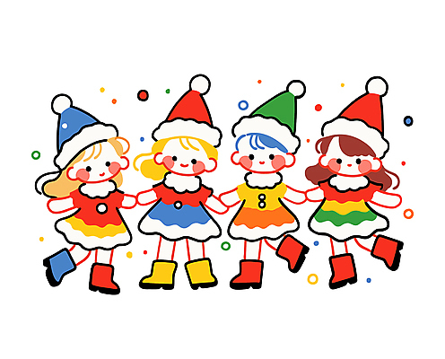전신 여자 어린이 크리스마스 일러스트 산타모자 산타옷 미소 웃음 소녀 여러명 컬러풀 파티 손잡기 점프 축제 기쁨 크리스마스요정 소녀만 일러캐릭터 AI파일 캐릭터 모자_잡화 옷 기념일 감정 컬러 다수 모션 요정 표정 사람 이벤트 여자만 어린이만 파일형식 벡터