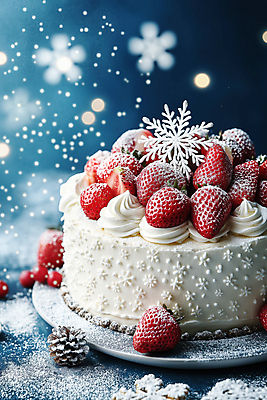 JPG 편집이미지 크리스마스 겨울 딸기 디저트 눈꽃 사람없음 장식 파란색 케이크 크림 딸기케이크 슈가파우더 편집실사 AI컴퓨터그래픽 AI콘텐츠 계절 기념일 음식 컬러 과일 눈_날씨 CG 파일형식