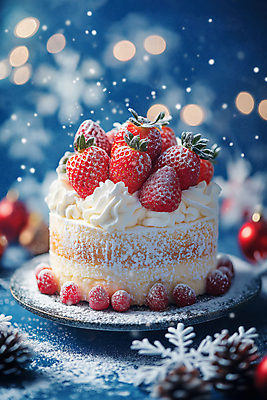 JPG 편집이미지 크리스마스 겨울 딸기 디저트 눈꽃 사람없음 장식 파란색 케이크 축제 생크림 딸기케이크 슈가파우더 편집실사 AI컴퓨터그래픽 AI콘텐츠 계절 기념일 음식 컬러 과일 눈_날씨 크림 CG 파일형식