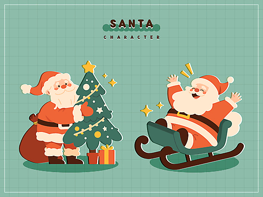캐릭터 기념일 별 컬러 컨셉 크리스마스 모션 휴가 표정 선물 사람 성인 장식 상자 남자만 노인만 파일형식 벡터 웃음 별장식 노인남자만 노년 두명 잡기 앉기 산타클로스 홀리데이 스티커 귀여움 전신 남자 크리스마스트리 선물상자 썰매 미소 만세 초록색 AI파일 일러캐릭터 일러스트