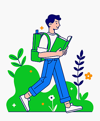 전신 남자 꽃 일러스트 배낭 한명 미소 들기 성인 야외 책 초록색 독서 걷기 풀 매기 성인남자한명만 국내일러스트 AI파일 식물 1 컬러 가방 모션 표정 사람 남자한명만 성인남자만 파일형식 벡터