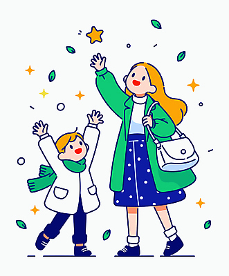 전신 여자 남자 행복 별 어린이 겨울 가방 일러스트 가족 나뭇잎 새해 미소 웃음 소년 성인 두명 초록색 목도리 희망 만세 코트 잡기 소원 손뻗기 국내일러스트 AI파일 자연요소 잡화 계절 감정 컬러 잎 관계 모션 표정 사람 외투 파일형식 벡터