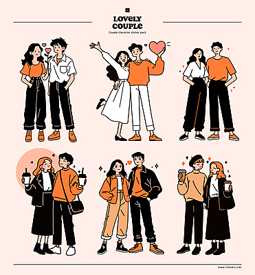 전신 커플 여자 남자 음료 허리손 포즈 스티커 데이트 일러스트 사랑 서기 미소 웃음 들기 여러명 성인 일상 캐주얼 손들기 마주보기 주황색 하트 주머니손 스타일 성인만 어깨에손 국내일러스트 AI파일 모양 옷 감정 컬러 다수 관계 모션 표정 사람 라이프 파일형식 벡터