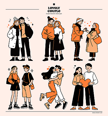 전신 커플 여자 패션 남자 포즈 스티커 데이트 일러스트 안기 어깨동무 사랑 서기 미소 웃음 여러명 성인 캐주얼 마주보기 주황색 기댐 로맨틱 하트 주머니손 스타일 성인만 국내일러스트 AI파일 모양 옷 감정 컬러 다수 컨셉 관계 모션 표정 사람 파일형식 벡터