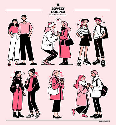 전신 커플 여자 남자 음료 분홍색 허리손 포즈 스티커 데이트 일러스트 선물 사랑 서기 미소 웃음 들기 여러명 성인 캐주얼 마주보기 손잡기 로맨틱 하트 잡기 주머니손 스타일 성인만 무릎구부리기 국내일러스트 AI파일 모양 옷 감정 컬러 다수 컨셉 관계 모션 표정 사람 파일형식 벡터