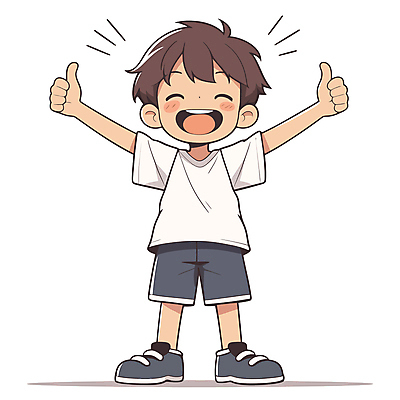 전신 남자 어린이 일러스트 팔벌리기 한명 서기 미소 웃음 소년 손들기 기쁨 최고 따봉 긍정적 소년한명만 일러캐릭터 AI파일 캐릭터 1 감정 모션 표정 사람 남자한명만 소년만 파일형식 벡터