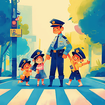 JPG 여자 남자 어린이 일러스트 팔벌리기 안내 미소 소녀 소년 여러명 성인 손들기 걷기 손잡기 도시 도움 횡단보도 경찰 보호 신호등 교통안전 경찰복 경찰모자 길건너기 국내일러스트 AI일러스트 AI콘텐츠 직업 모자_잡화 다수 컨셉 유니폼 모션 표정 안전 사람 보행로 건너기 파일형식