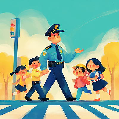 JPG 여자 남자 어린이 일러스트 안내 미소 웃음 소녀 소년 여러명 성인 달리기 손들기 걷기 손잡기 도움 횡단보도 경찰 보호 신호등 은행나무 교통안전 경찰복 경찰모자 길건너기 국내일러스트 AI일러스트 AI콘텐츠 나무 직업 모자_잡화 다수 컨셉 유니폼 모션 표정 안전 사람 보행로 건너기 파일형식