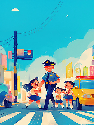 JPG 구름 여자 남자 어린이 일러스트 자동차 안내 미소 웃음 소녀 여러명 성인 건물 손들기 걷기 손잡기 도시 도움 횡단보도 경찰 보호 신호등 교통안전 경찰복 경찰모자 보호자 길건너기 국내일러스트 AI일러스트 AI콘텐츠 자연요소 직업 모자_잡화 건축물 육상교통 다수 컨셉 유니폼 모션 표정 안전 사람 보행로 건너기 파일형식