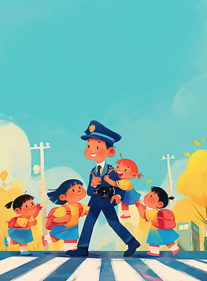 JPG 여자 남자 어린이 가방 일러스트 안내 매달리기 미소 웃음 소녀 여러명 성인 달리기 걷기 잡기 도움 횡단보도 경찰 보호 전봇대 은행나무 교통안전 경찰복 매기 경찰모자 길건너기 국내일러스트 AI일러스트 AI콘텐츠 나무 직업 모자_잡화 잡화 공공시설 다수 컨셉 유니폼 모션 표정 안전 사람 보행로 건너기 파일형식