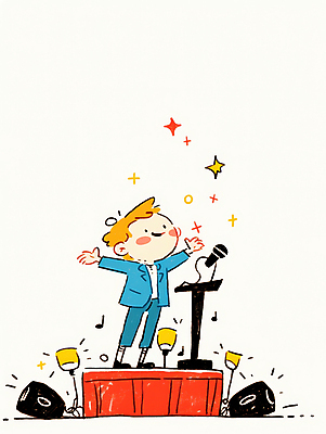 JPG 남자 어린이 일러스트 팔벌리기 조명 한명 서기 미소 소년 손들기 스피커 무대 자신감 발표 강의 마이크 고개들기 단상 소년한명만 국내일러스트 AI일러스트 AI콘텐츠 1 감정 음향기기 모션 표정 사람 남자한명만 소년만 파일형식