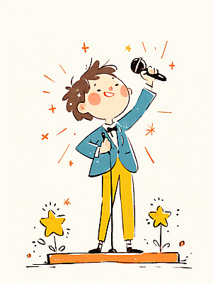 JPG 남자 별 어린이 일러스트 한명 서기 미소 웃음 들기 소년 무대 잡기 자신감 발표 강의 마이크 고개들기 단상 소년한명만 국내일러스트 AI일러스트 AI콘텐츠 자연요소 1 감정 음향기기 모션 표정 사람 남자한명만 소년만 파일형식