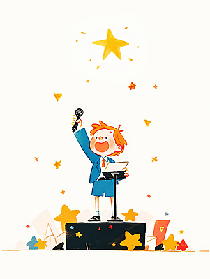 JPG 남자 별 어린이 일러스트 한명 서기 들기 소년 무대 잡기 자신감 발표 강의 마이크 단상 손뻗기 대본 소년한명만 국내일러스트 AI일러스트 AI콘텐츠 자연요소 1 감정 음향기기 모션 사람 남자한명만 소년만 파일형식