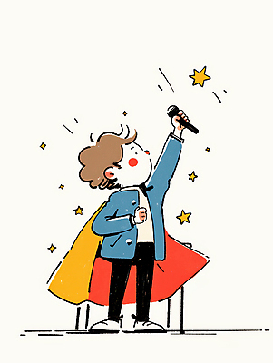 JPG 남자 별 어린이 일러스트 한명 서기 들기 소년 무대 자신감 발표 망토 강의 마이크 고개들기 손뻗기 소년한명만 국내일러스트 AI일러스트 AI콘텐츠 자연요소 1 감정 음향기기 모션 사람 남자한명만 소년만 파일형식