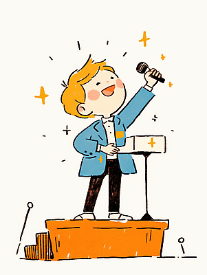 JPG 남자 어린이 일러스트 한명 서기 웃음 들기 소년 무대 잡기 자신감 발표 강의 마이크 단상 소년한명만 국내일러스트 AI일러스트 AI콘텐츠 1 감정 음향기기 모션 표정 사람 남자한명만 소년만 파일형식