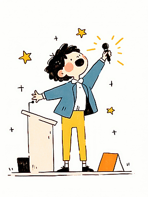JPG 남자 별 어린이 일러스트 팔벌리기 한명 서기 웃음 들기 소년 무대 자신감 발표 강의 마이크 고개들기 단상 소년한명만 국내일러스트 AI일러스트 AI콘텐츠 자연요소 1 감정 음향기기 모션 표정 사람 남자한명만 소년만 파일형식