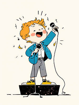 JPG 남자 어린이 일러스트 노래 한명 서기 웃음 소년 주먹 무대 자신감 발표 강의 마이크 고개들기 손뻗기 소년한명만 국내일러스트 AI일러스트 AI콘텐츠 1 감정 음악 음향기기 모션 표정 사람 남자한명만 소년만 파일형식