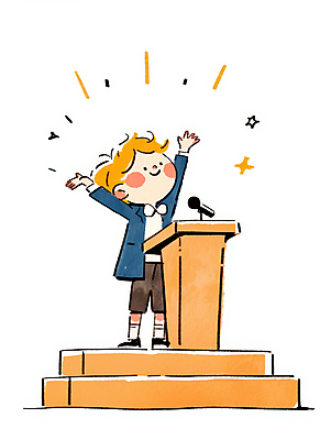 JPG 남자 어린이 일러스트 한명 서기 미소 소년 만세 무대 자신감 발표 강의 마이크 고개들기 단상 소년한명만 국내일러스트 AI일러스트 AI콘텐츠 1 감정 음향기기 모션 표정 사람 남자한명만 소년만 파일형식