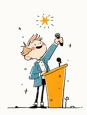 JPG 남자 별 어린이 일러스트 한명 서기 미소 들기 소년 무대 자신감 발표 강의 마이크 고개들기 단상 손뻗기 소년한명만 국내일러스트 AI일러스트 AI콘텐츠 자연요소 1 감정 음향기기 모션 표정 사람 남자한명만 소년만 파일형식