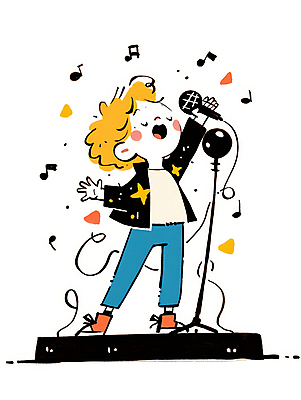 JPG 남자 어린이 음표 일러스트 한명 미소 소년 눈감음 무대 자신감 발표 강의 마이크 고개들기 손뻗기 소년한명만 국내일러스트 AI일러스트 AI콘텐츠 1 기호 감정 음악 음향기기 모션 표정 사람 남자한명만 소년만 파일형식