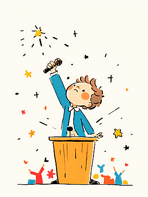 JPG 남자 별 어린이 일러스트 한명 서기 들기 소년 무대 자신감 발표 강의 마이크 고개들기 단상 손뻗기 소년한명만 국내일러스트 AI일러스트 AI콘텐츠 자연요소 1 감정 음향기기 모션 사람 남자한명만 소년만 파일형식