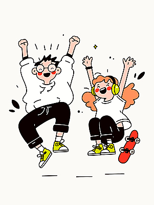 전신 여자 남자 행복 일러스트 청소년 웃음 두명 캐주얼 친구 청춘 점프 헤드폰 만세 스케이트보드 활기 십대만 안경낌 국내일러스트 AI파일 옷 감정 안경 음향기기 컨셉 관계 모션 표정 사람 보드_스포츠 파일형식 벡터