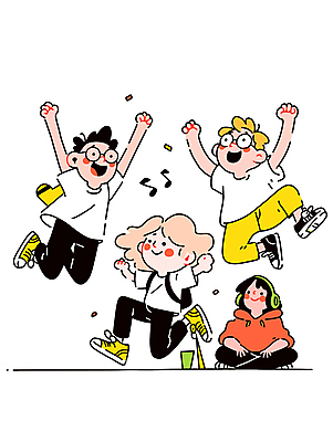 전신 여자 남자 행복 어린이 음표 일러스트 책가방 미소 웃음 앉기 소녀 소년 여러명 성인 캐주얼 친구 청춘 점프 헤드폰 만세 활기 안경낌 국내일러스트 AI파일 기호 옷 감정 안경 음악 음향기기 다수 컨셉 가방 관계 모션 표정 사람 파일형식 벡터