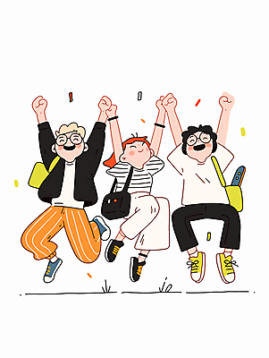 전신 여자 남자 행복 대학생 일러스트 웃음 성인 캐주얼 세명 친구 청춘 점프 만세 동료 크로스백 활기 성인만 안경낌 국내일러스트 AI파일 학생 옷 감정 안경 컨셉 가방 관계 모션 표정 사람 파일형식 벡터