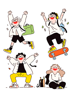 전신 여자 남자 행복 대학생 가방 일러스트 웃음 앉기 여러명 성인 캐주얼 친구 청춘 눈감음 점프 헤드폰 주먹 만세 스케이트보드 고개들기 활기 성인만 국내일러스트 AI파일 학생 잡화 옷 감정 음향기기 다수 컨셉 관계 모션 표정 사람 보드_스포츠 파일형식 벡터