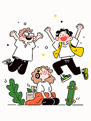 전신 여자 남자 행복 대학생 일러스트 웃음 앉기 성인 캐주얼 세명 친구 청춘 점프 헤드폰 만세 스케이트보드 고개들기 활기 성인만 안경낌 국내일러스트 AI파일 학생 옷 감정 안경 음향기기 컨셉 관계 모션 표정 사람 보드_스포츠 파일형식 벡터