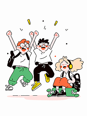 전신 학생 여자 남자 행복 가방 일러스트 청소년 웃음 앉기 캐주얼 세명 친구 청춘 점프 헤드폰 만세 스케이트보드 동료 활기 십대만 안경낌 국내일러스트 AI파일 잡화 옷 감정 안경 음향기기 컨셉 관계 모션 표정 사람 보드_스포츠 파일형식 벡터