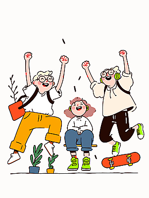 전신 여자 남자 행복 대학생 가방 일러스트 웃음 앉기 성인 캐주얼 세명 친구 청춘 점프 헤드폰 만세 스케이트보드 동료 크로스백 활기 성인만 안경낌 국내일러스트 AI파일 학생 잡화 옷 감정 안경 음향기기 컨셉 관계 모션 표정 사람 보드_스포츠 파일형식 벡터