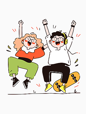 전신 여자 남자 행복 대학생 일러스트 웃음 성인 두명 캐주얼 친구 청춘 점프 헤드폰 만세 스케이트보드 활기 성인만 안경낌 국내일러스트 AI파일 학생 옷 감정 안경 음향기기 컨셉 관계 모션 표정 사람 보드_스포츠 파일형식 벡터