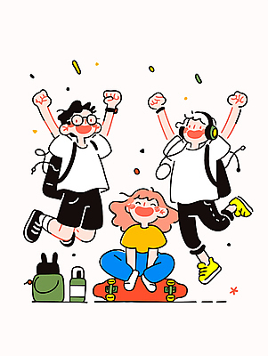 전신 여자 남자 행복 대학생 가방 일러스트 웃음 앉기 성인 캐주얼 세명 친구 청춘 점프 헤드폰 주먹 만세 스케이트보드 고개들기 활기 성인만 안경낌 국내일러스트 AI파일 학생 잡화 옷 감정 안경 음향기기 컨셉 관계 모션 표정 사람 보드_스포츠 파일형식 벡터