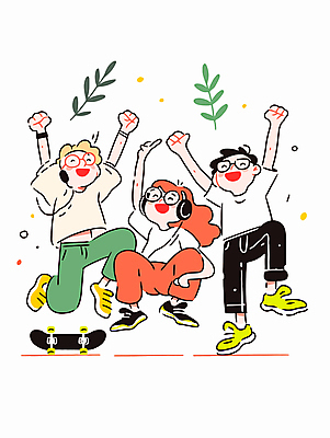 전신 여자 남자 행복 대학생 일러스트 웃음 성인 캐주얼 세명 친구 청춘 손들기 점프 헤드폰 만세 스케이트보드 활기 성인만 안경낌 국내일러스트 AI파일 학생 옷 감정 안경 음향기기 컨셉 관계 모션 표정 사람 보드_스포츠 파일형식 벡터