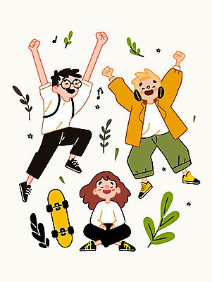 전신 여자 남자 행복 일러스트 웃음 앉기 성인 캐주얼 세명 친구 청춘 눈감음 점프 헤드폰 주먹 만세 스케이트보드 활기 성인만 국내일러스트 AI파일 옷 감정 음향기기 컨셉 관계 모션 표정 사람 보드_스포츠 파일형식 벡터