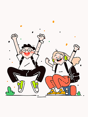 전신 학생 여자 남자 행복 일러스트 청소년 책가방 웃음 앉기 두명 캐주얼 친구 청춘 점프 헤드폰 만세 스케이트보드 활기 십대만 안경낌 국내일러스트 AI파일 옷 감정 안경 음향기기 컨셉 가방 관계 모션 표정 사람 보드_스포츠 파일형식 벡터