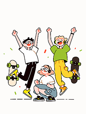 전신 여자 남자 행복 대학생 일러스트 웃음 성인 캐주얼 세명 친구 청춘 점프 헤드폰 주먹 만세 스케이트보드 활기 웅크림 성인만 안경낌 국내일러스트 AI파일 학생 옷 감정 안경 음향기기 컨셉 관계 모션 표정 사람 보드_스포츠 파일형식 벡터