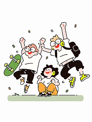 전신 여자 남자 행복 어린이 일러스트 책가방 웃음 앉기 소녀 소년 캐주얼 세명 친구 청춘 점프 헤드폰 만세 가리킴 스케이트보드 활기 어린이만 안경낌 국내일러스트 AI파일 옷 감정 안경 음향기기 컨셉 가방 관계 모션 표정 사람 손짓 보드_스포츠 파일형식 벡터