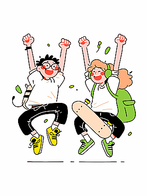 전신 여자 남자 행복 가방 일러스트 청소년 웃음 두명 캐주얼 친구 청춘 점프 헤드폰 만세 스케이트보드 활기 십대만 안경낌 국내일러스트 AI파일 잡화 옷 감정 안경 음향기기 컨셉 관계 모션 표정 사람 보드_스포츠 파일형식 벡터